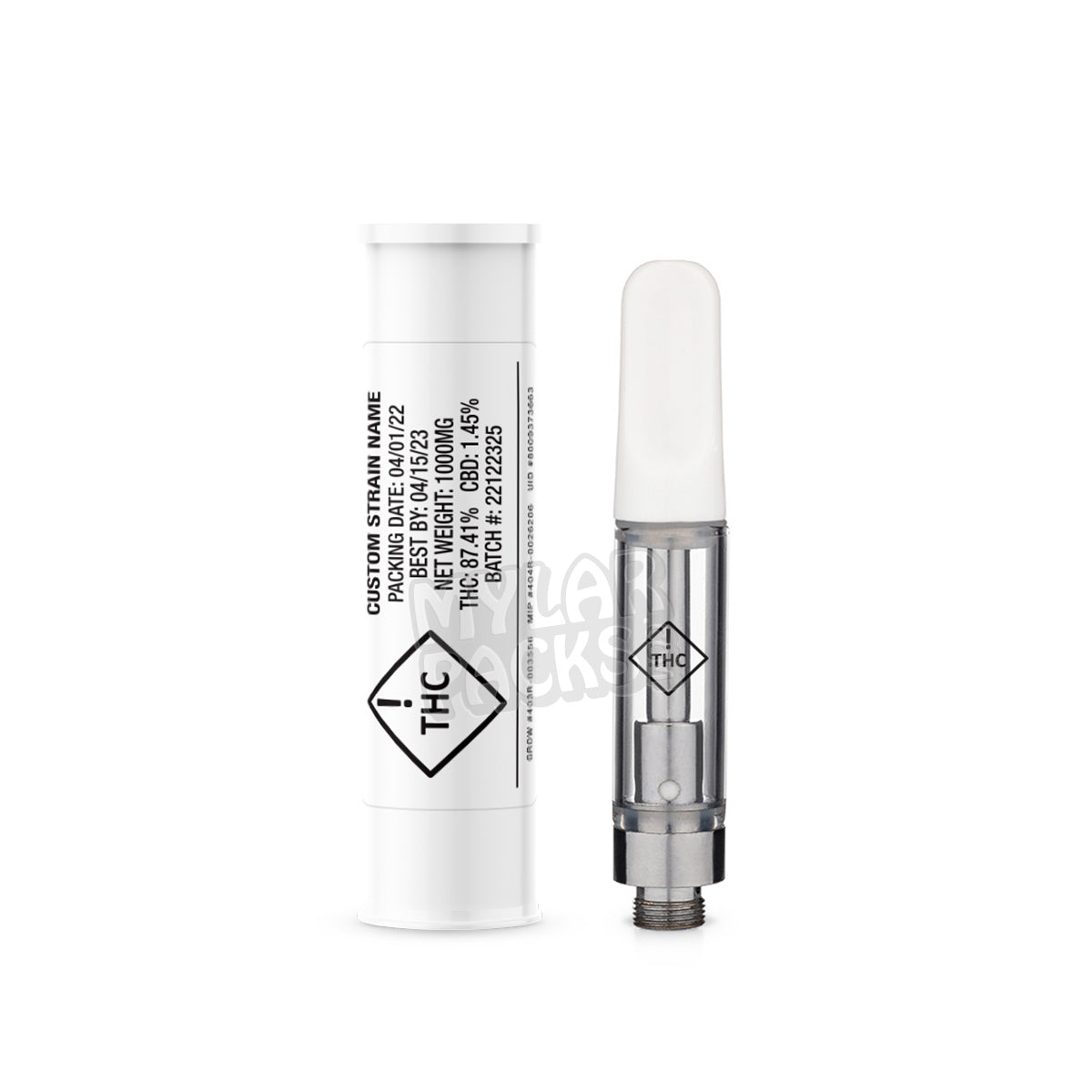 CO / FL State Compliant Ceramic Ccell Carts with Plastic Tube and Customizable Strain Sticker (1" x 2")