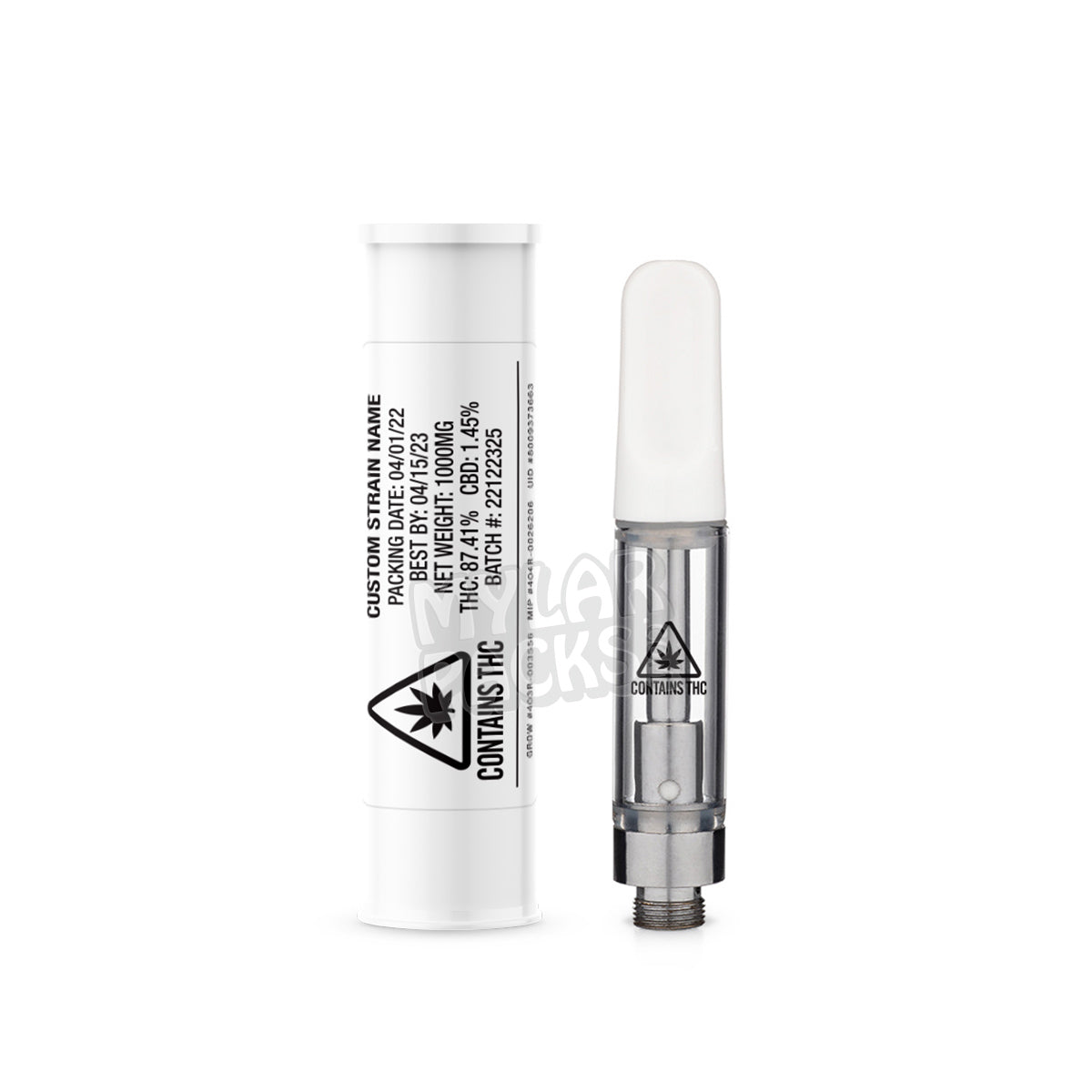 ME / MA State Compliant Ceramic Ccell Carts with Plastic Tube and Customizable Strain Sticker (1" x 2")