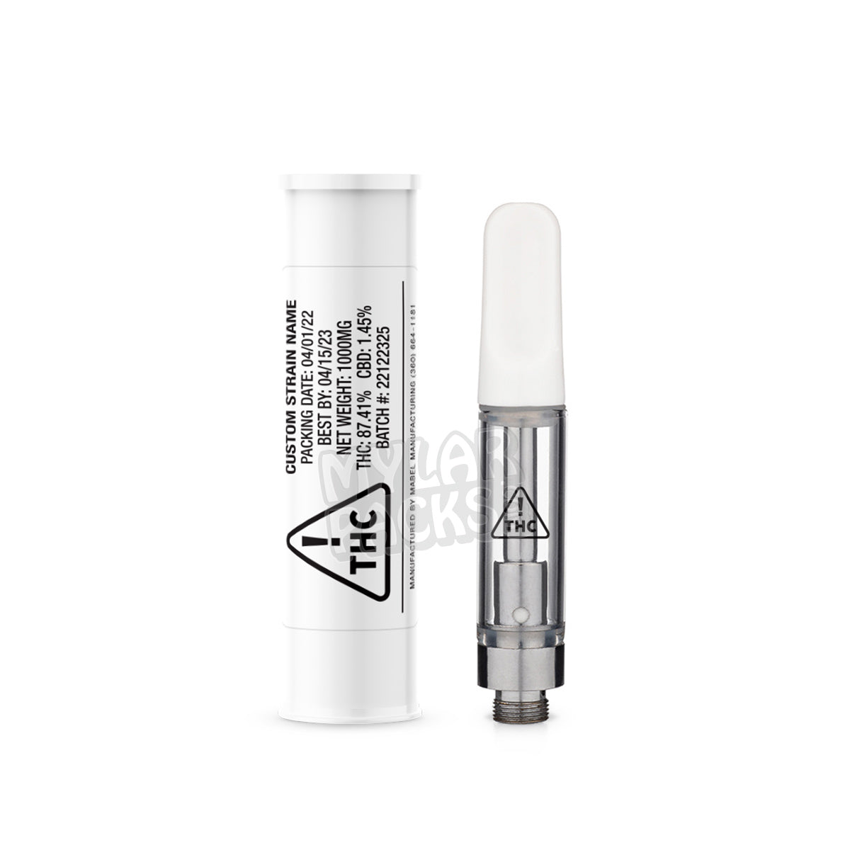 NV State Compliant Ceramic Ccell Carts with Plastic Tube and Customizable Strain Sticker (1" x 2")