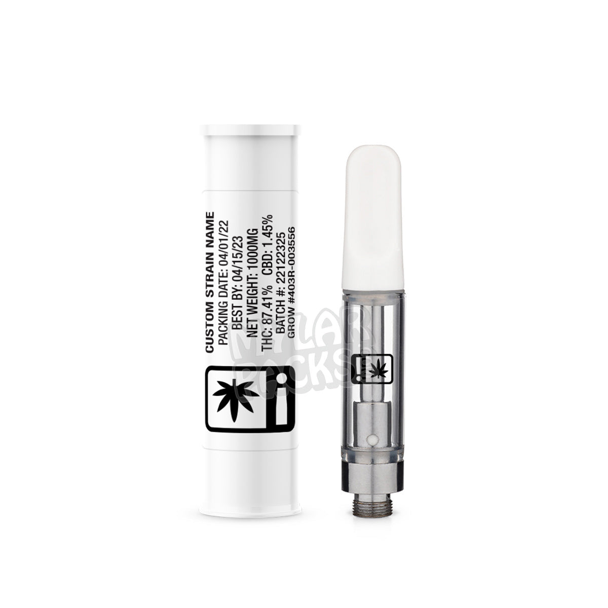 OR State Compliant Ceramic Ccell Carts with Plastic Tube and Customizable Strain Sticker (1" x 2")